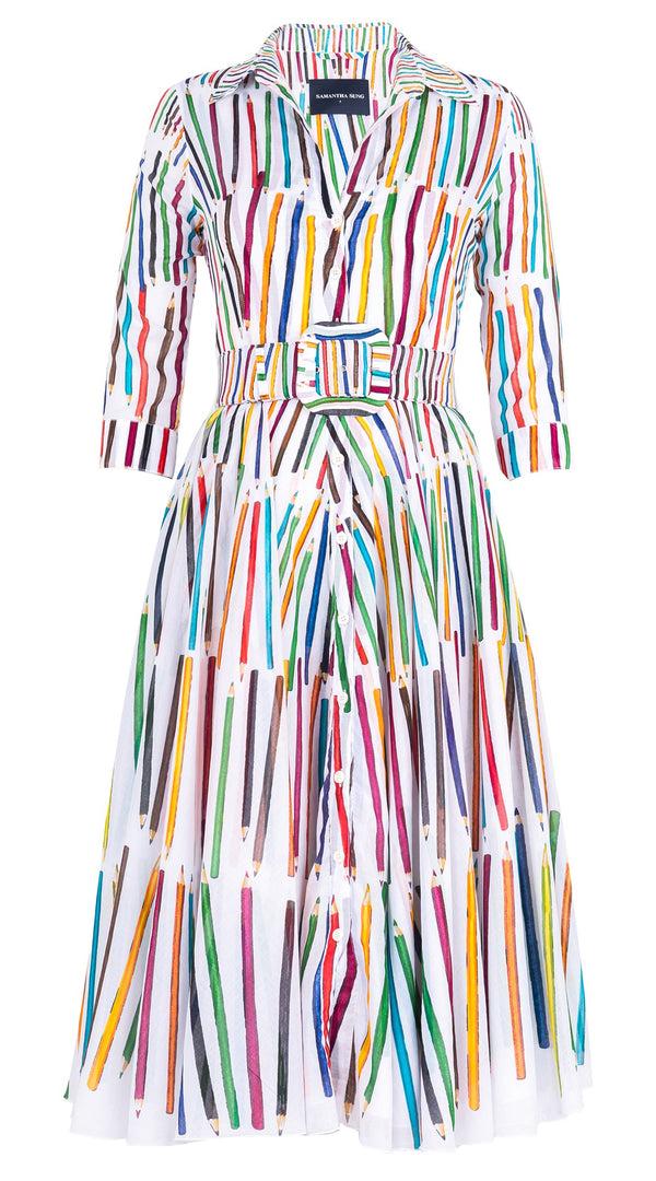 Samantha Sung Aster Dress Shirt Collar 3/4 Sleeve Midi Length Cotton Musola (Prisma Pencil)