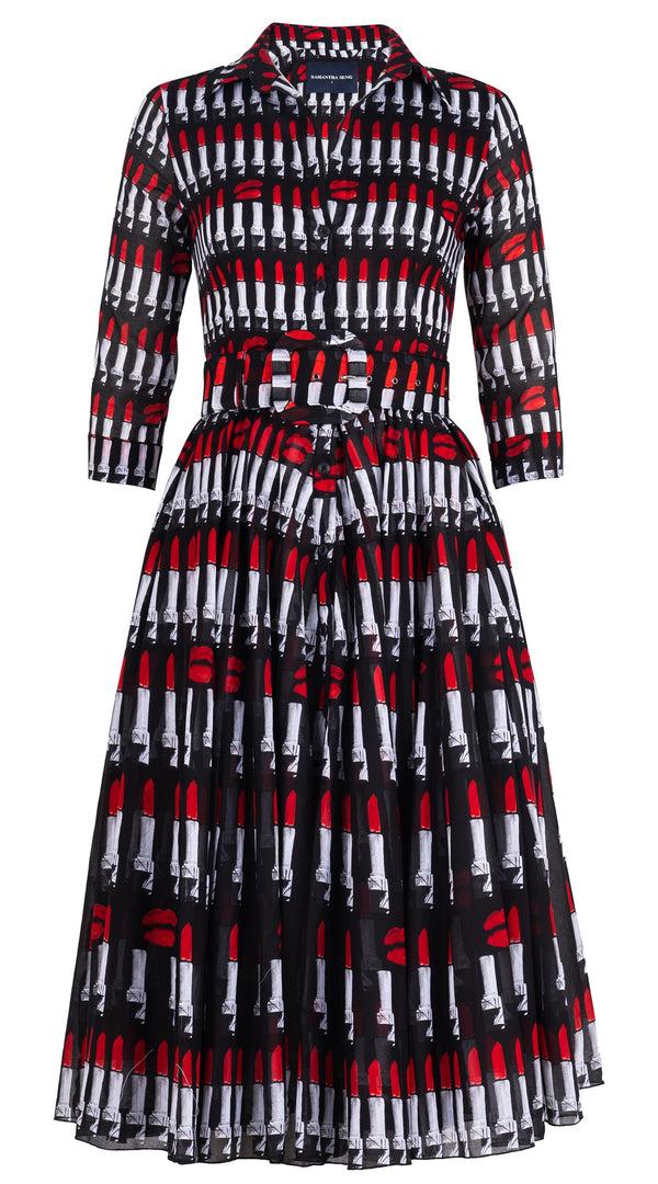 Samantha Sung Aster Dress Shirt Collar 3/4 Sleeve Midi Length Cotton Musola (Lipstic Rouge Black)