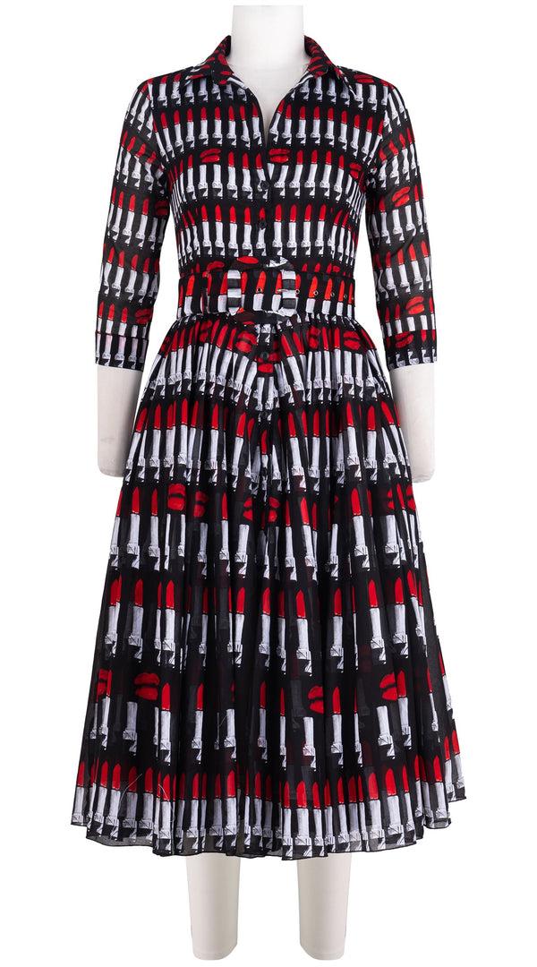 samantha sung Aster Dress Shirt Collar 3/4 Sleeve Midi Length Cotton Musola (Lipstic Rouge Black)