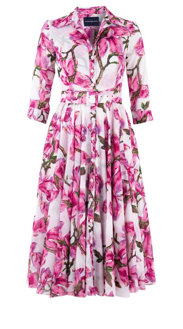 Samantha Sung Aster Dress Shirt Collar 3/4 Sleeve Midi Length Cotton Musola (Magnolia Blossom White)