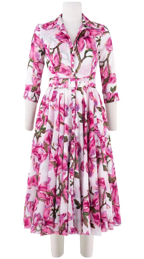 samantha sung Aster Dress Shirt Collar 3/4 Sleeve Midi Length Cotton Musola (Magnolia Blossom White)