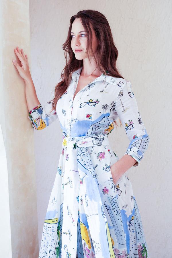 Samantha Sung Aster Dress Shirt Collar 3/4 Sleeve Midi Length Cotton Musola (Monaco White)