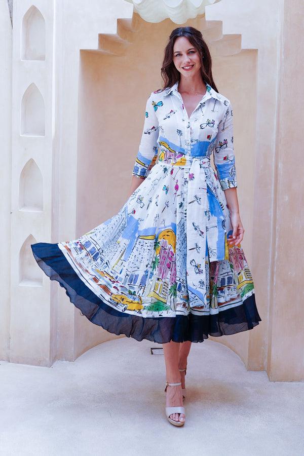 Samantha Sung Aster Dress Shirt Collar 3/4 Sleeve Midi Length Cotton Musola (Monaco White)