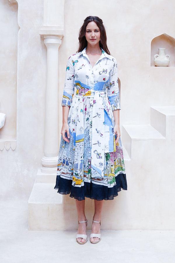 Samantha Sung Aster Dress Shirt Collar 3/4 Sleeve Midi Length Cotton Musola (Monaco White)