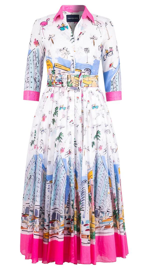 samantha sung Aster Dress Shirt Collar 3/4 Sleeve Midi Length Cotton Musola (Monaco White)