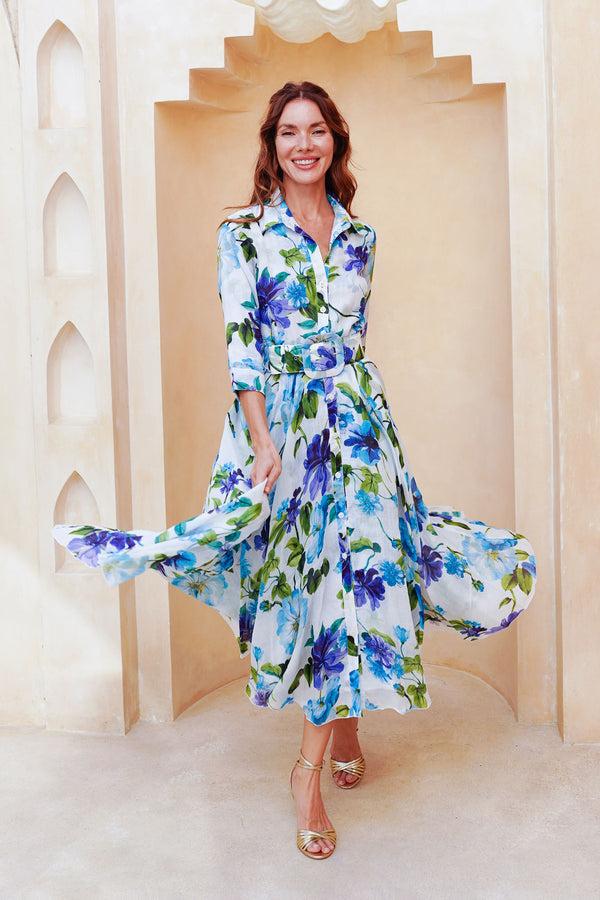 Samantha Sung Aster Dress Shirt Collar 3/4 Sleeve Midi Length Cotton Musola (Fiori Florance)