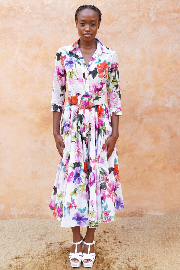 samantha sung Aster Dress Shirt Collar 3/4 Sleeve Midi Length Cotton Musola (Fiori Florance)