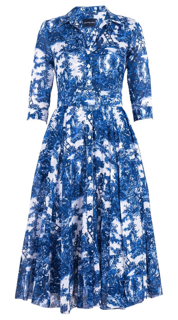 Samantha Sung Aster Dress Shirt Collar 3/4 Sleeve Midi Length Cotton Musola (Antilles Toile White)