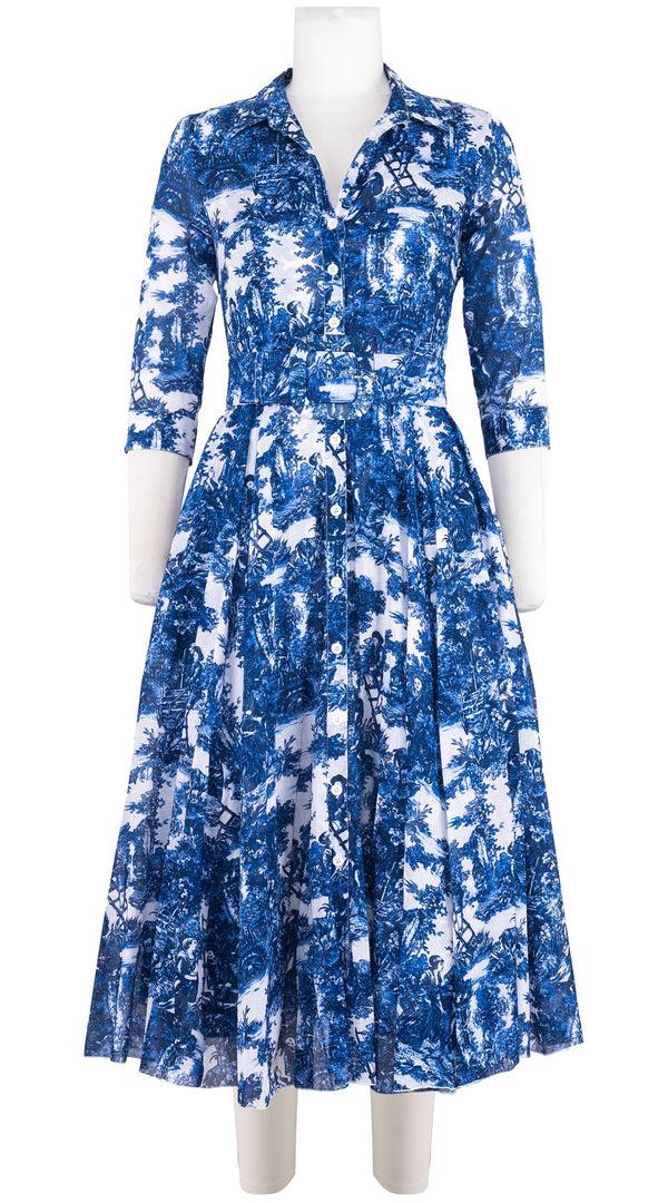 samantha sung Aster Dress Shirt Collar 3/4 Sleeve Midi Length Cotton Musola (Antilles Toile White)