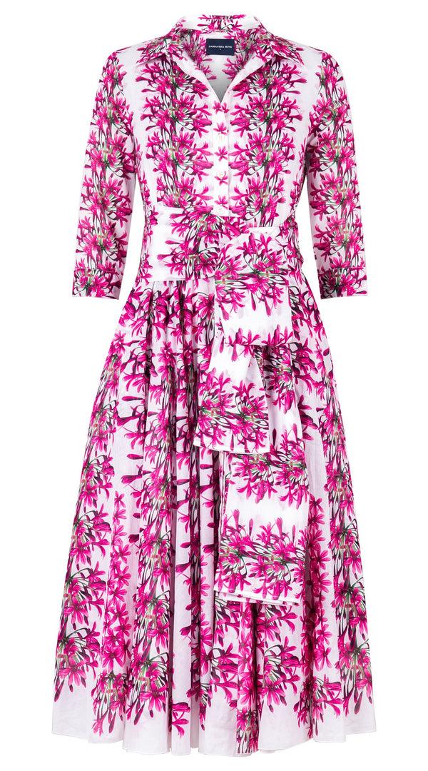 Samantha Sung Aster Dress Shirt Collar 3/4 Sleeve Midi Length Cotton Musola (Tinker Bell Flower)