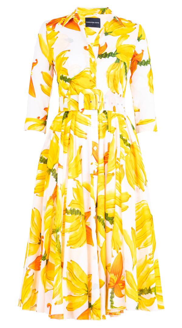 Samantha Sung Aster Dress Shirt Collar 3/4 Sleeve Midi Length Cotton Musola (Banana Art)