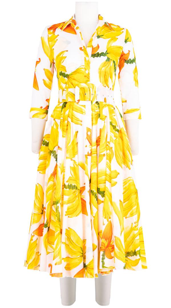 samantha sung Aster Dress Shirt Collar 3/4 Sleeve Midi Length Cotton Musola (Banana Art)