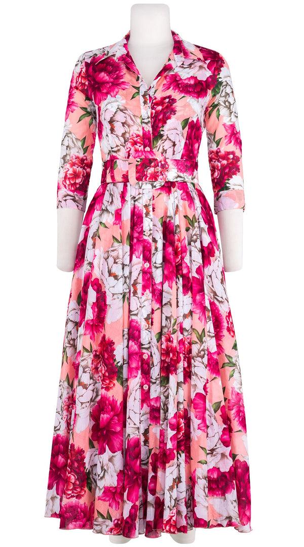 samantha sung Aster Dress Shirt Collar 3/4 Sleeve Midi Length Cotton Musola (Blue Peony Pastel)