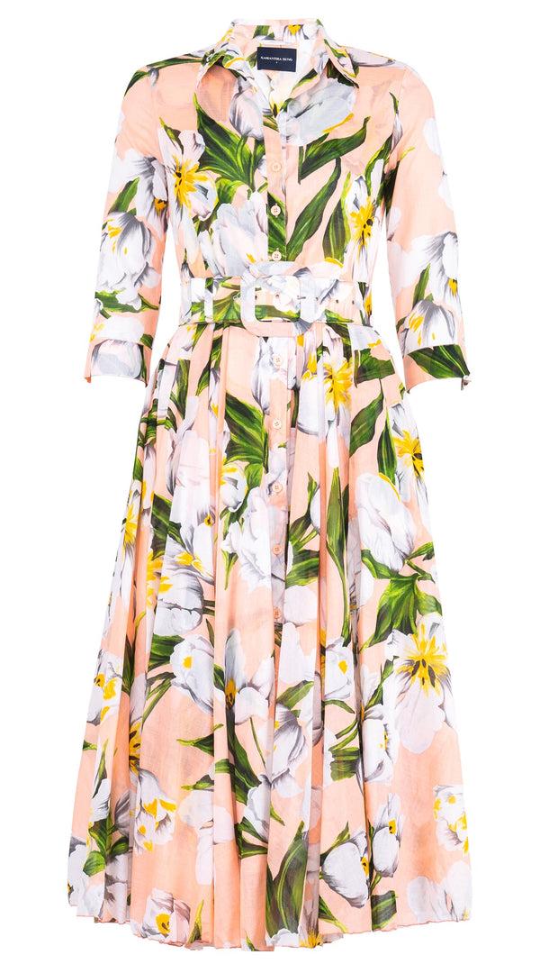 samantha sung Aster Dress Shirt Collar 3/4 Sleeve Midi Length Cotton Musola (Emperor Tulip Pastel)