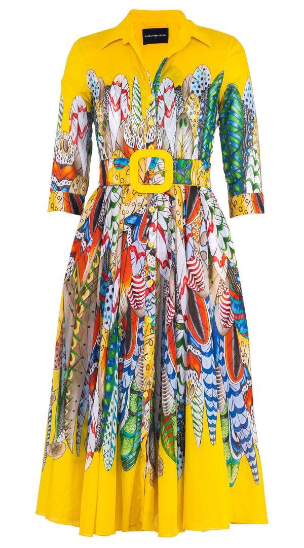 samantha sung Aster Dress Shirt Collar 3/4 Sleeve Midi Length Cotton Musola (African Feather)