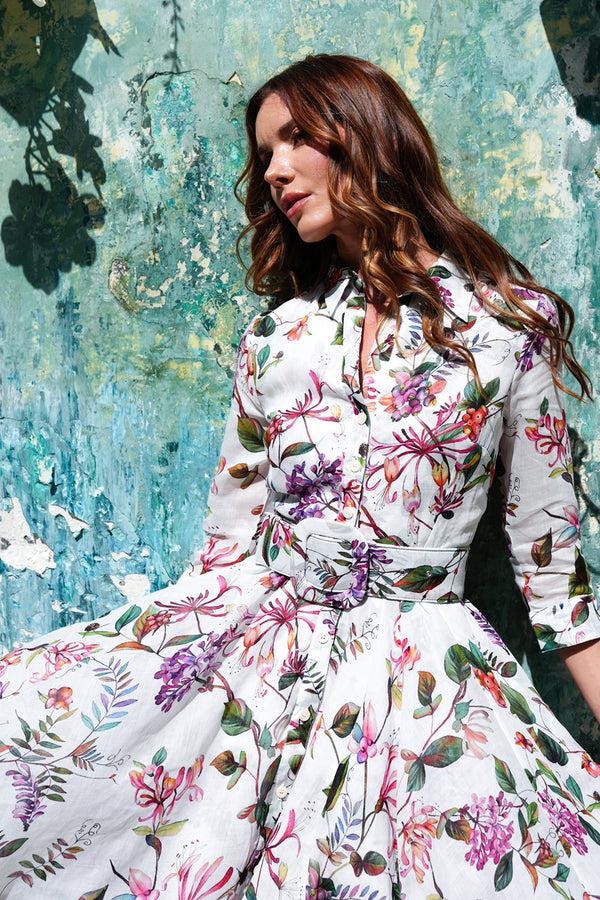 Samantha Sung Aster Dress Shirt Collar 3/4 Sleeve Midi Length Cotton Musola (Gallerie Summer Bouquet)