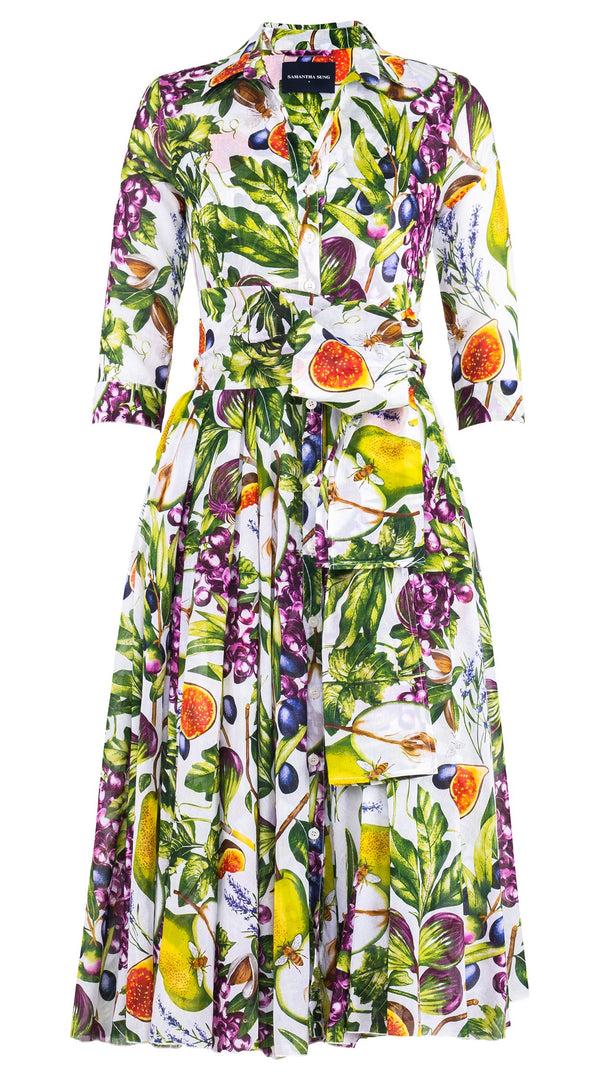 Samantha Sung Aster Dress Shirt Collar 3/4 Sleeve Midi Length Cotton Musola (Fruit Farm)
