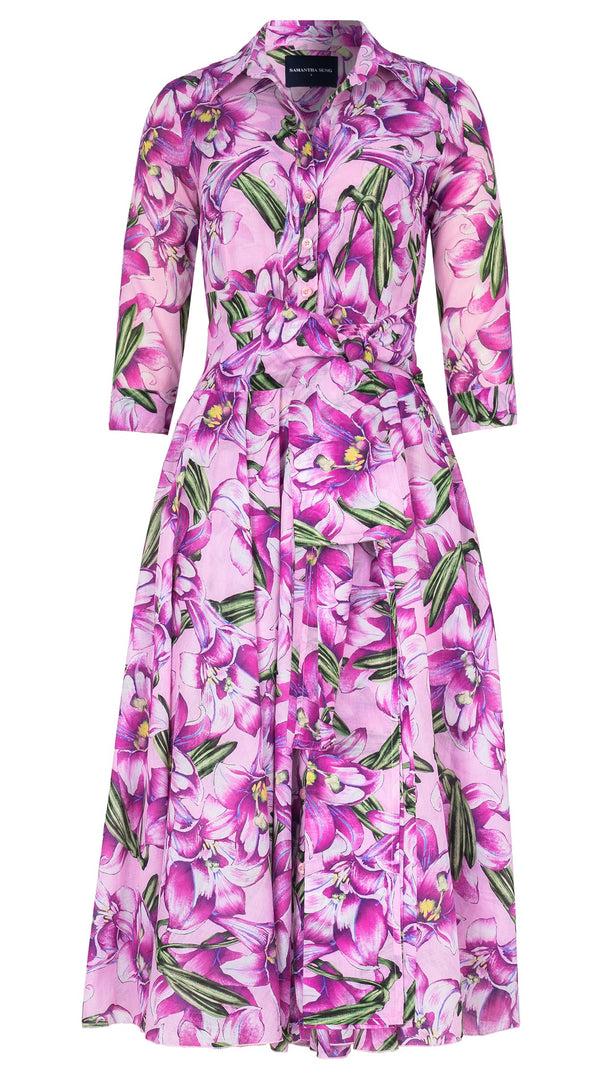 Samantha Sung Aster Dress Shirt Collar 3/4 Sleeve Midi Length Cotton Musola (Paper Lillies Ground)