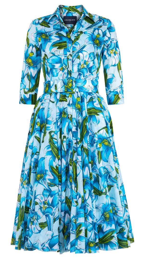 samantha sung Aster Dress Shirt Collar 3/4 Sleeve Midi Length Cotton Musola (Paper Lillies Ground)