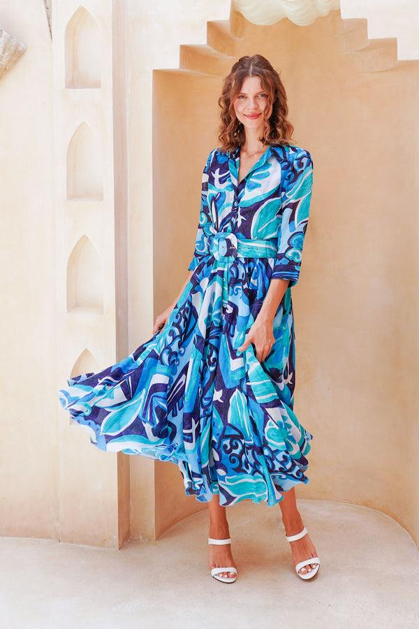 Samantha Sung Aster Dress Shirt Collar 3/4 Sleeve Midi Length Cotton Musola (Barcelona Mode)