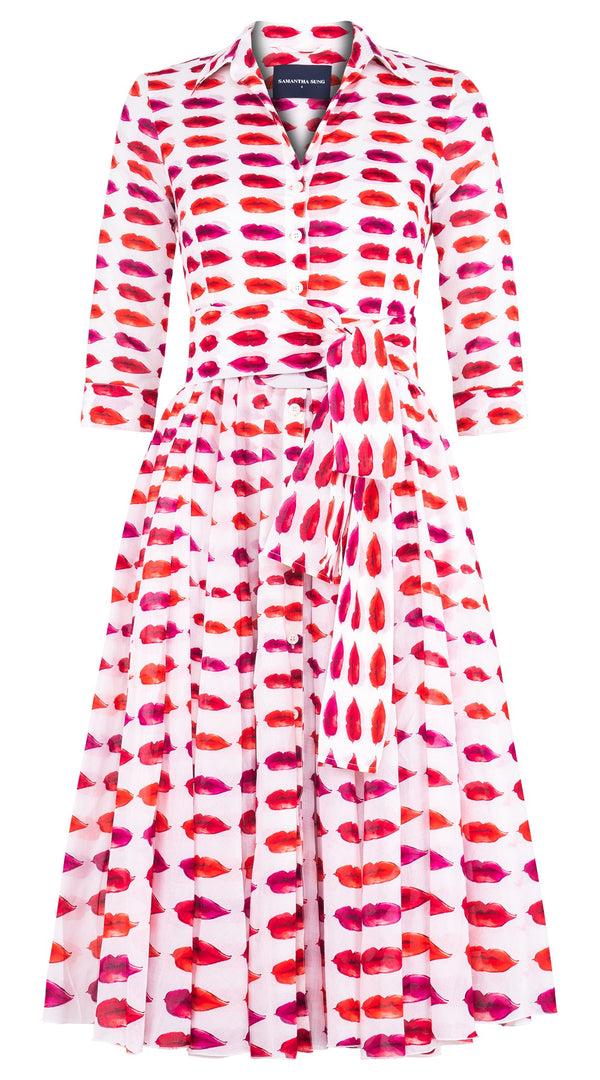 Samantha Sung Aster Dress Shirt Collar 3/4 Sleeve Midi Length Cotton Musola (Watercolor Lips)