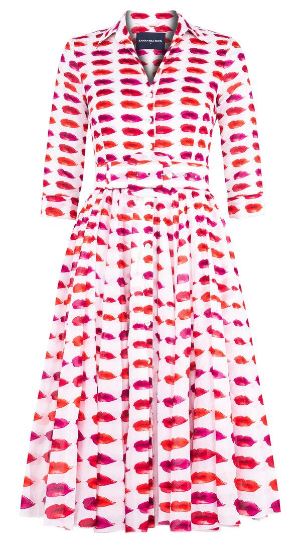 samantha sung Aster Dress Shirt Collar 3/4 Sleeve Midi Length Cotton Musola (Watercolor Lips)