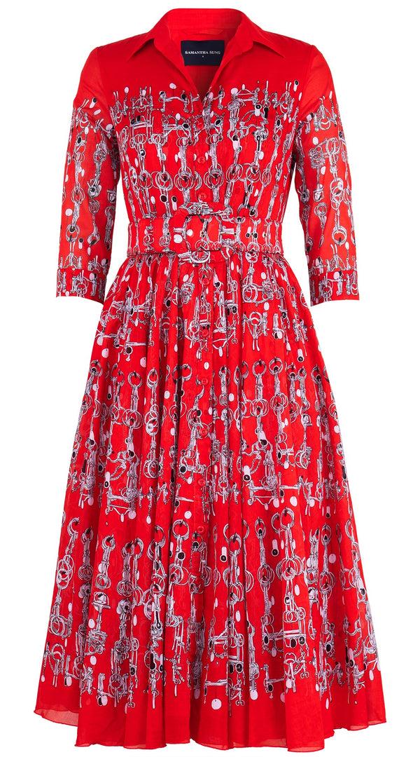 Samantha Sung Aster Dress Shirt Collar 3/4 Sleeve Midi Length Cotton Musola (Horse Chain)