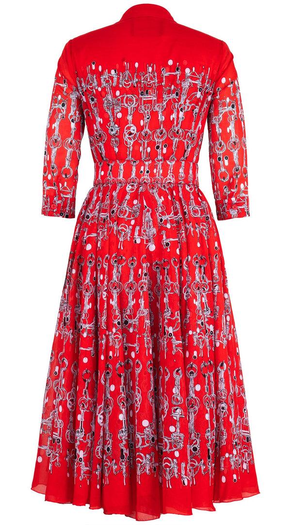 Samantha Sung Aster Dress Shirt Collar 3/4 Sleeve Midi Length Cotton Musola (Horse Chain)