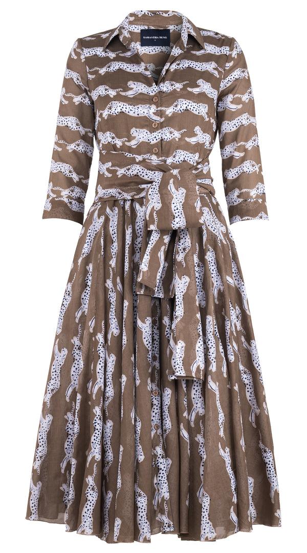 Samantha Sung Aster Dress Shirt Collar 3/4 Sleeve Midi Length Cotton Musola (Leaping Tiger)