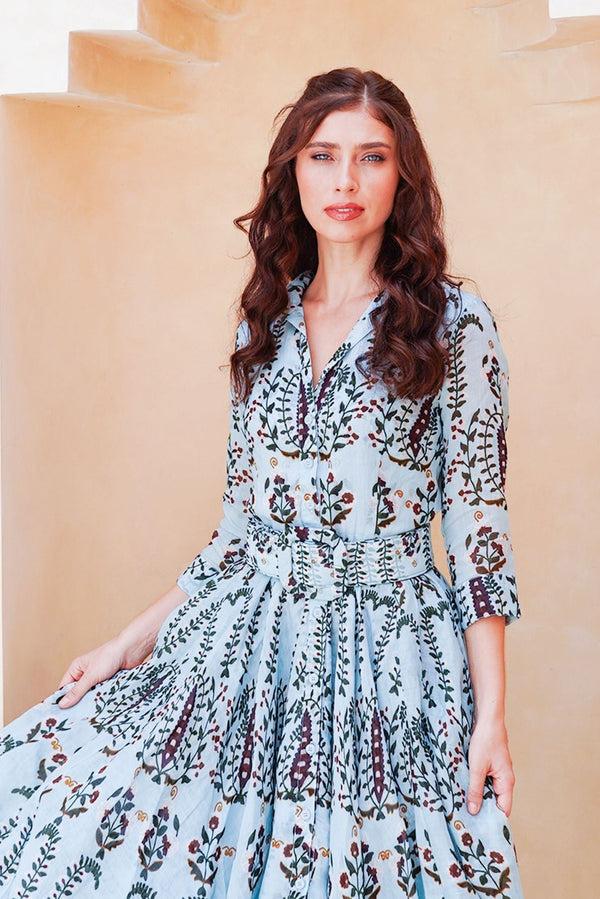 Samantha Sung Aster Dress Shirt Collar 3/4 Sleeve Midi Length Cotton Musola (Suzani Ferns)