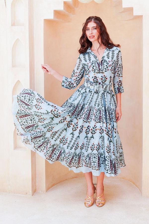 Samantha Sung Aster Dress Shirt Collar 3/4 Sleeve Midi Length Cotton Musola (Suzani Ferns)