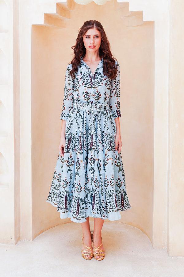 Samantha Sung Aster Dress Shirt Collar 3/4 Sleeve Midi Length Cotton Musola (Suzani Ferns)