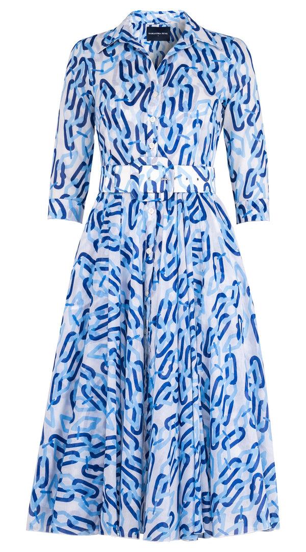 samantha sung Aster Dress Shirt Collar 3/4 Sleeve Midi Length Cotton Musola (Multi Chain BIg White)