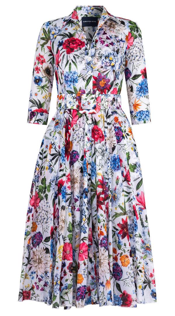 samantha sung Aster Dress Shirt Collar 3/4 Sleeve Midi Length Cotton Musola (Multicolor Botanic Small)