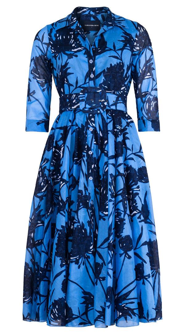 samantha sung Aster Dress Shirt Collar 3/4 Sleeve Midi Length Cotton Musola (Primavery Silhouette Ground)