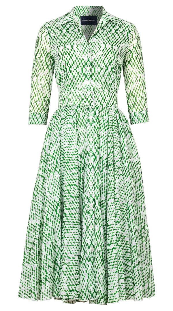 Samantha Sung Aster Dress Shirt Collar 3/4 Sleeve Midi Length Cotton Musola (Shibori Nara Diamond)