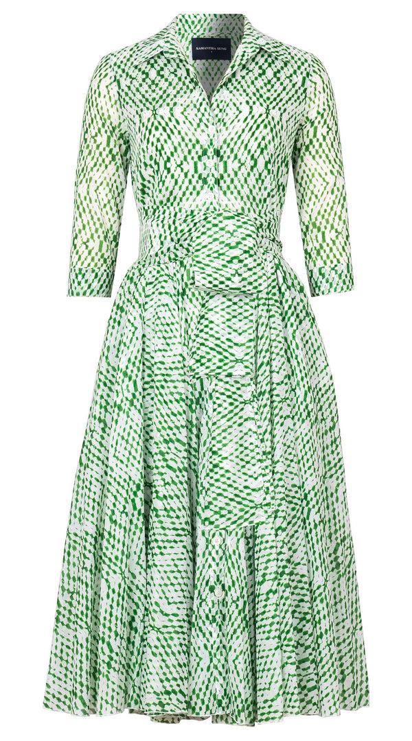 Samantha Sung Aster Dress Shirt Collar 3/4 Sleeve Midi Length Cotton Musola (Shibori Nara Diamond)
