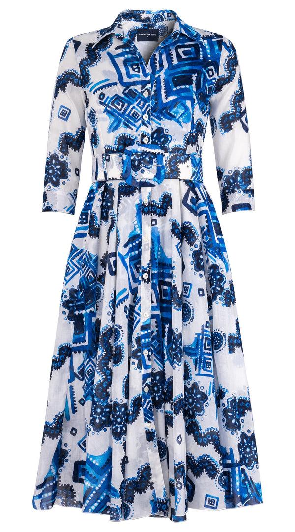 samantha sung Aster Dress Shirt Collar 3/4 Sleeve Midi Length Cotton Musola (Tie Dye Izmir Big White)