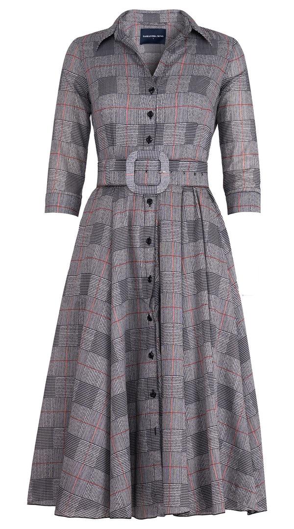 samantha sung Aster Dress Shirt Collar 3/4 Sleeve Midi Length Cotton Musola (Savile Row Check Ivory)