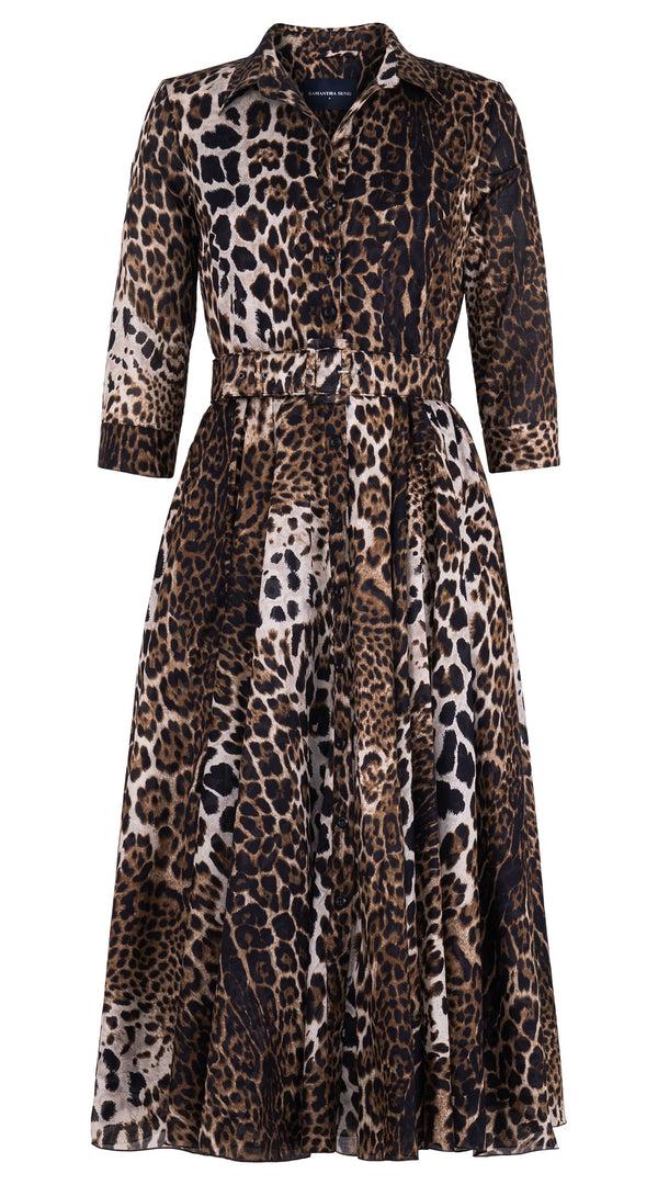 Samantha Sung Aster Dress Shirt Collar 3/4 Sleeve Midi Length Cotton Musola (Colombo Leopard)