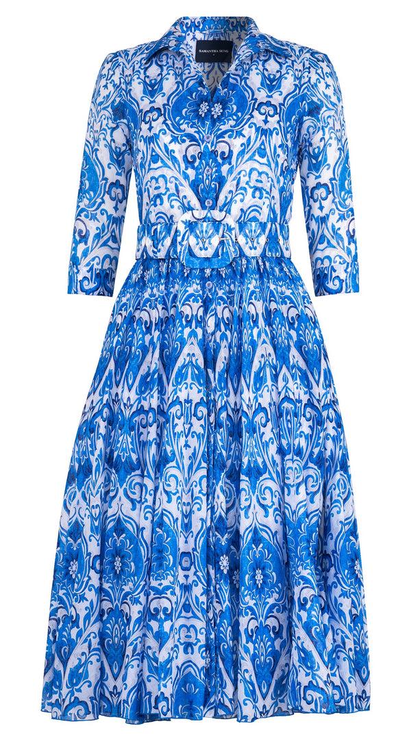 samantha sung Aster Dress Shirt Collar 3/4 Sleeve Midi Length Cotton Musola (Mill Creek Paisley White Bright)