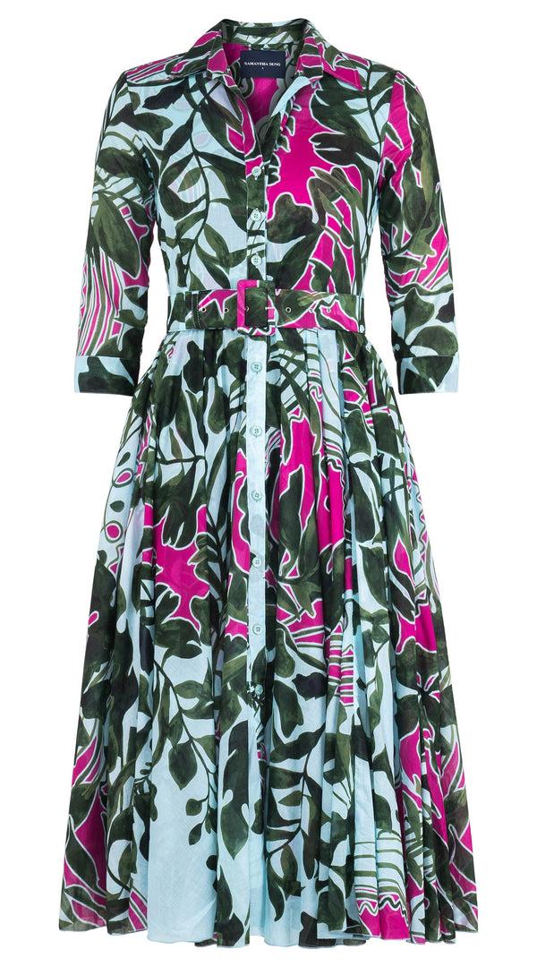 samantha sung Aster Dress Shirt Collar 3/4 Sleeve Midi Length Cotton Musola (Como Lake Garden Pastel)