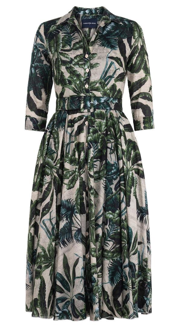 samantha sung Aster Dress Shirt Collar 3/4 Sleeve Midi Length Cotton Musola (Vintage Palm Beige)