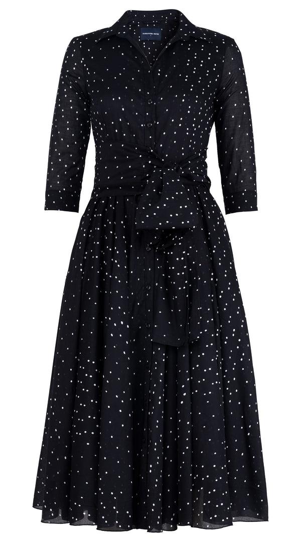 Samantha Sung Aster Dress Shirt Collar 3/4 Sleeve Midi Length Cotton Musola (Mini Dots 75)