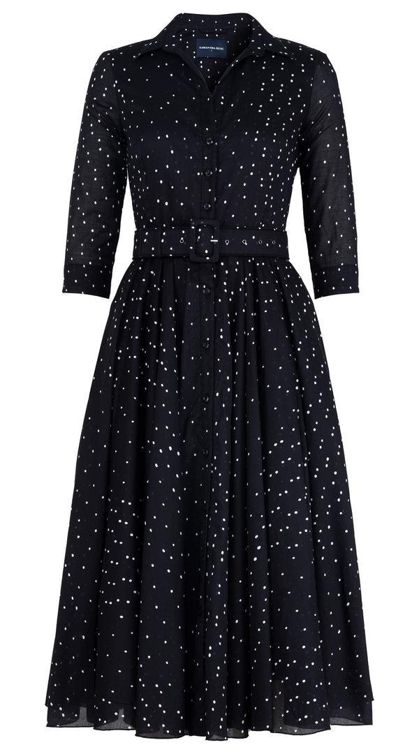 samantha sung Aster Dress Shirt Collar 3/4 Sleeve Midi Length Cotton Musola (Mini Dots 75)
