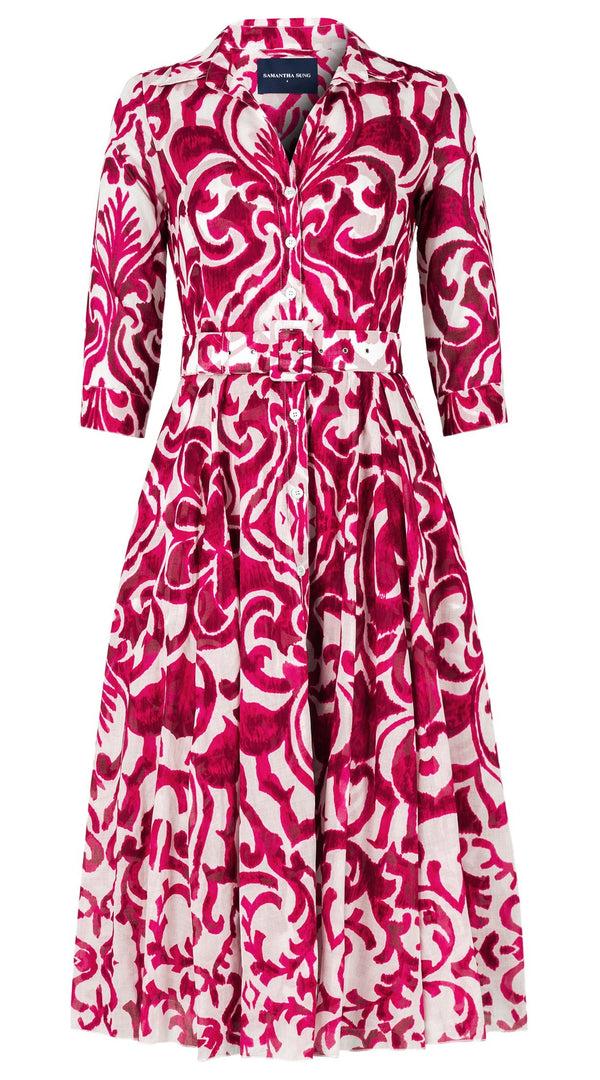 Samantha Sung Aster Dress Shirt Collar 3/4 Sleeve Midi Length Cotton Musola (Maiolica Blue Tile Small)