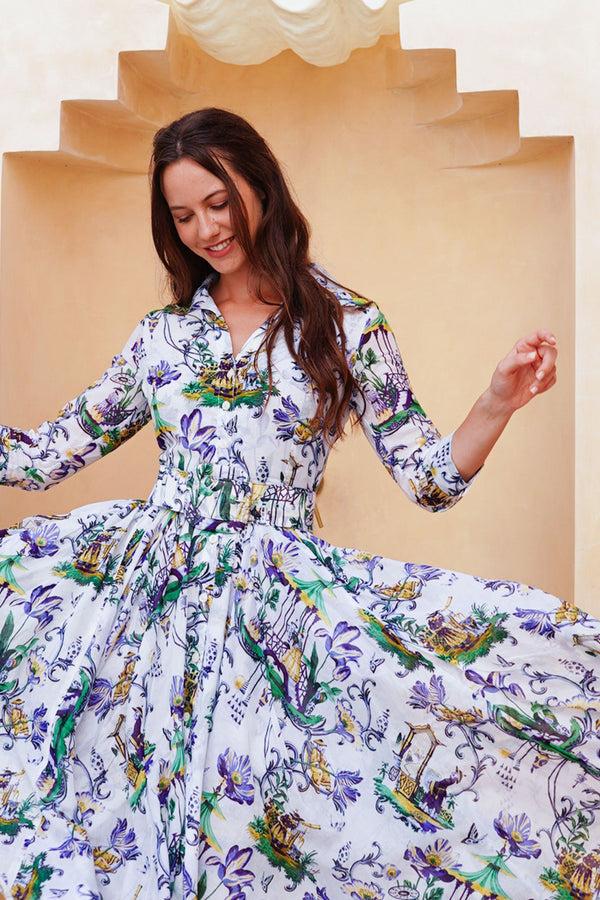 Samantha Sung Aster Dress Shirt Collar 3/4 Sleeve Midi Length Cotton Musola (East Moon White)