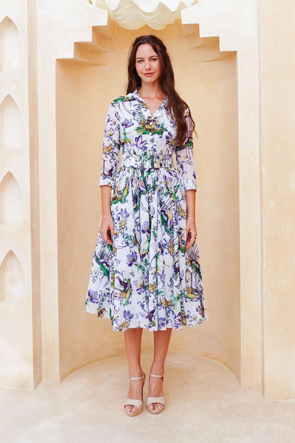 Samantha Sung Aster Dress Shirt Collar 3/4 Sleeve Midi Length Cotton Musola (East Moon White)