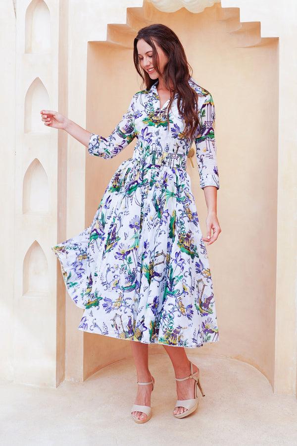 samantha sung Aster Dress Shirt Collar 3/4 Sleeve Midi Length Cotton Musola (East Moon White)