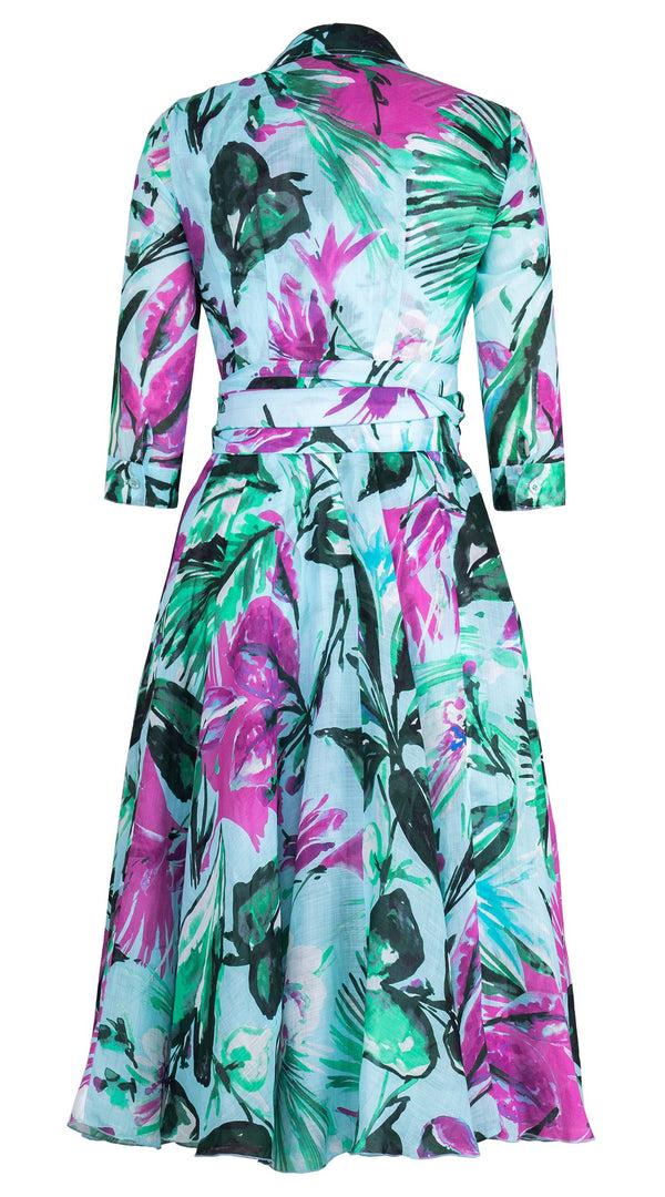Samantha Sung Aster Dress Shirt Collar 3/4 Sleeve Midi Length Cotton Musola (Mozambique Flower Pastel)